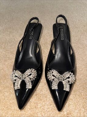 Black Patent Slingback Pointed Heels with Crystal Bow Accents